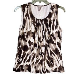 Chico's Shirt Womens 0 Brown Black Ivory Abstract Print Tank Top Pleated Neck